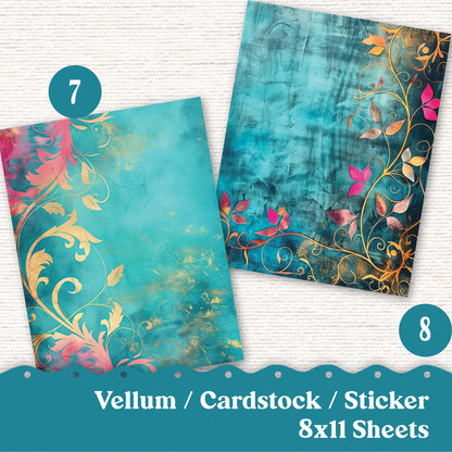 Vellum or Cardstock Dashboard Tip-in for Planners or Junk Journaling - Kit 133V- Teal Pink Gold Distressed Grunge