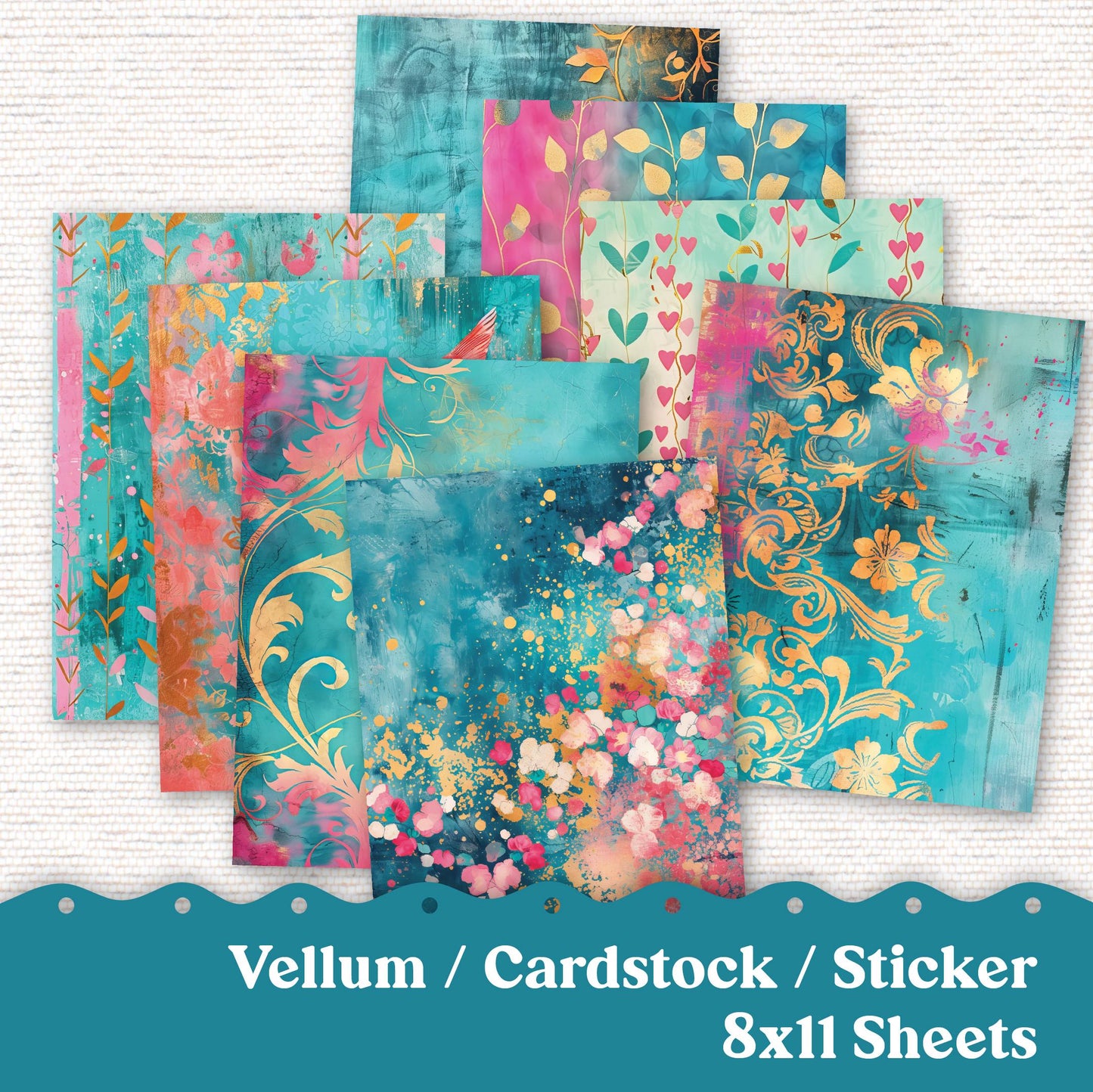 Vellum or Cardstock Dashboard Tip-in for Planners or Junk Journaling - Kit 133V- Teal Pink Gold Distressed Grunge