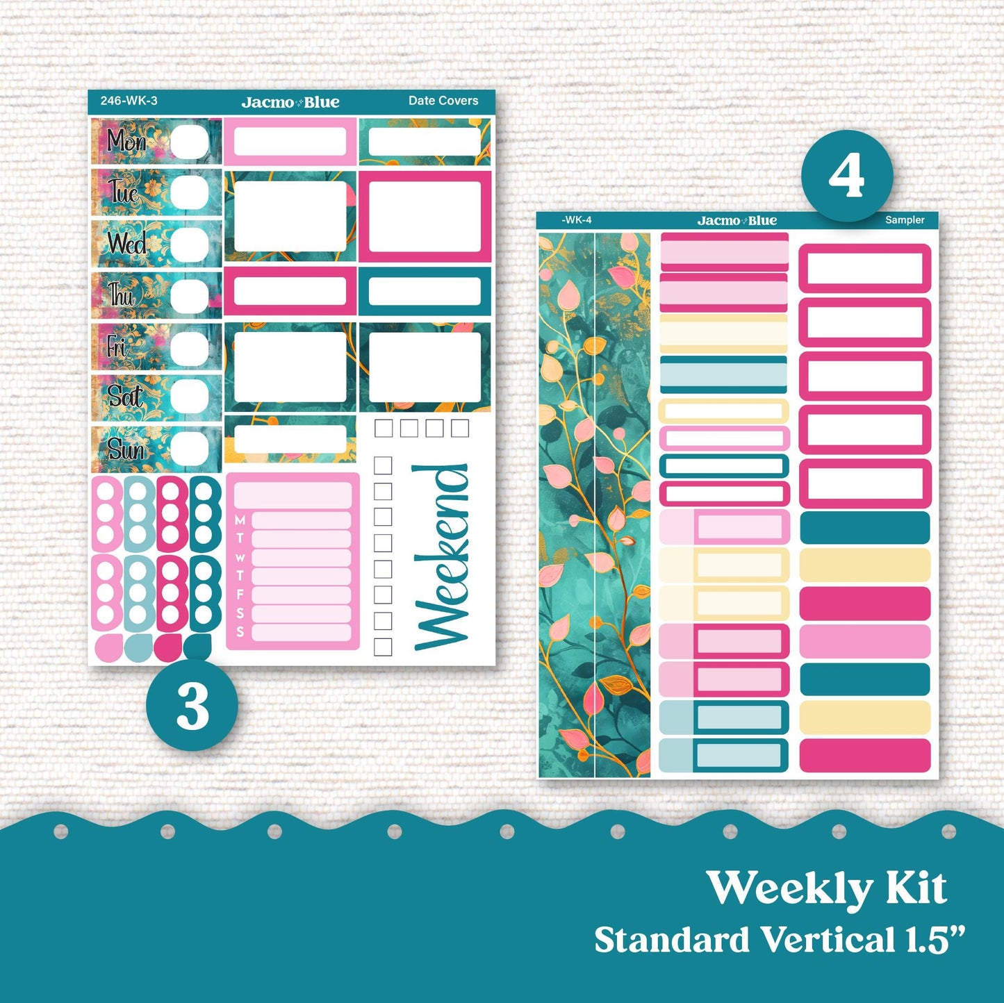 Teal Pink Gold Weekly Planner Sticker Kit Vertical Planner Stickers Kit 246 - Standard Vertical 1.5" Columns A5 B6