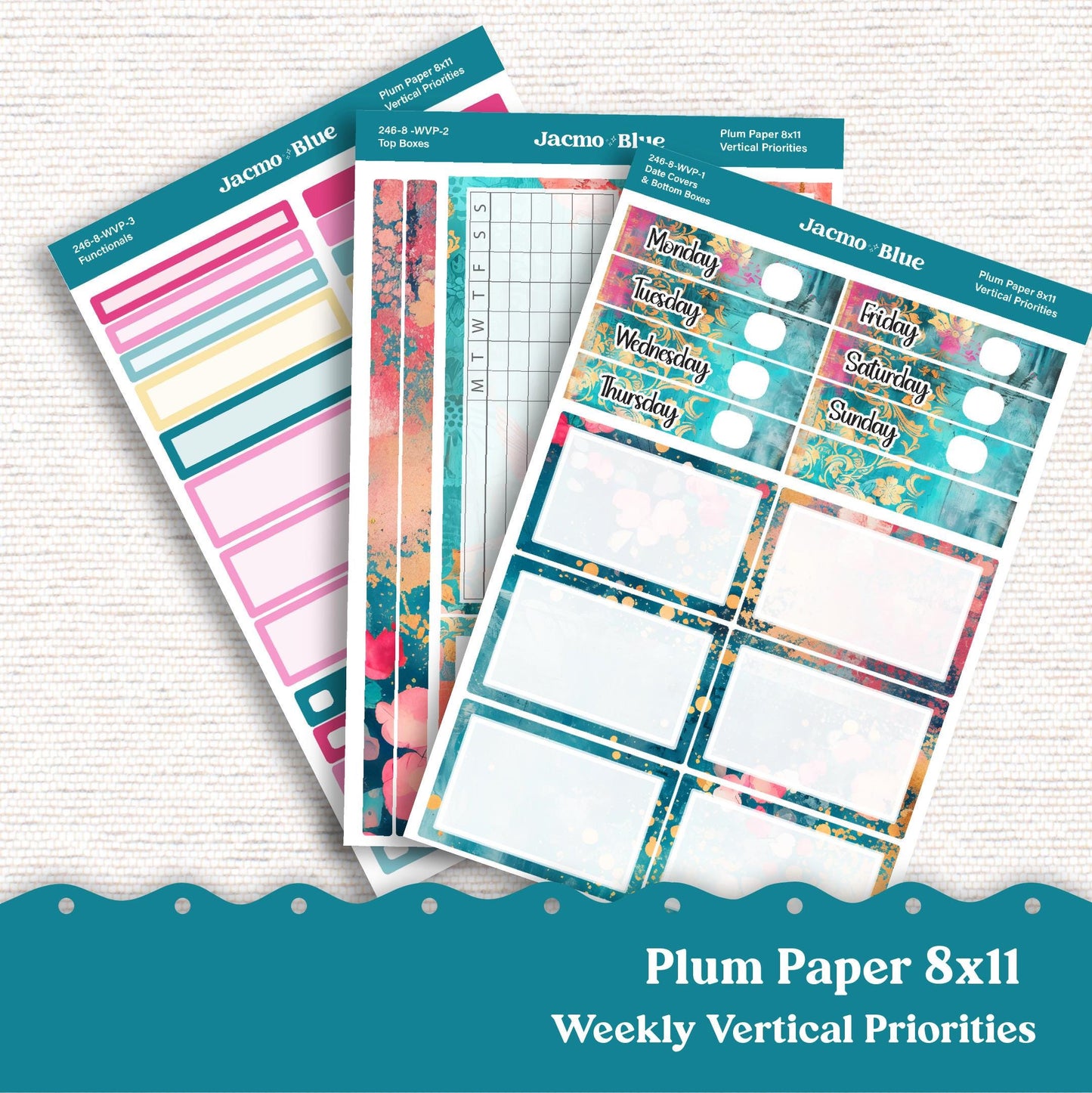 Weekly Vertical Priorities Plum Paper Stickers Kit 246 - Pink Teal Gold