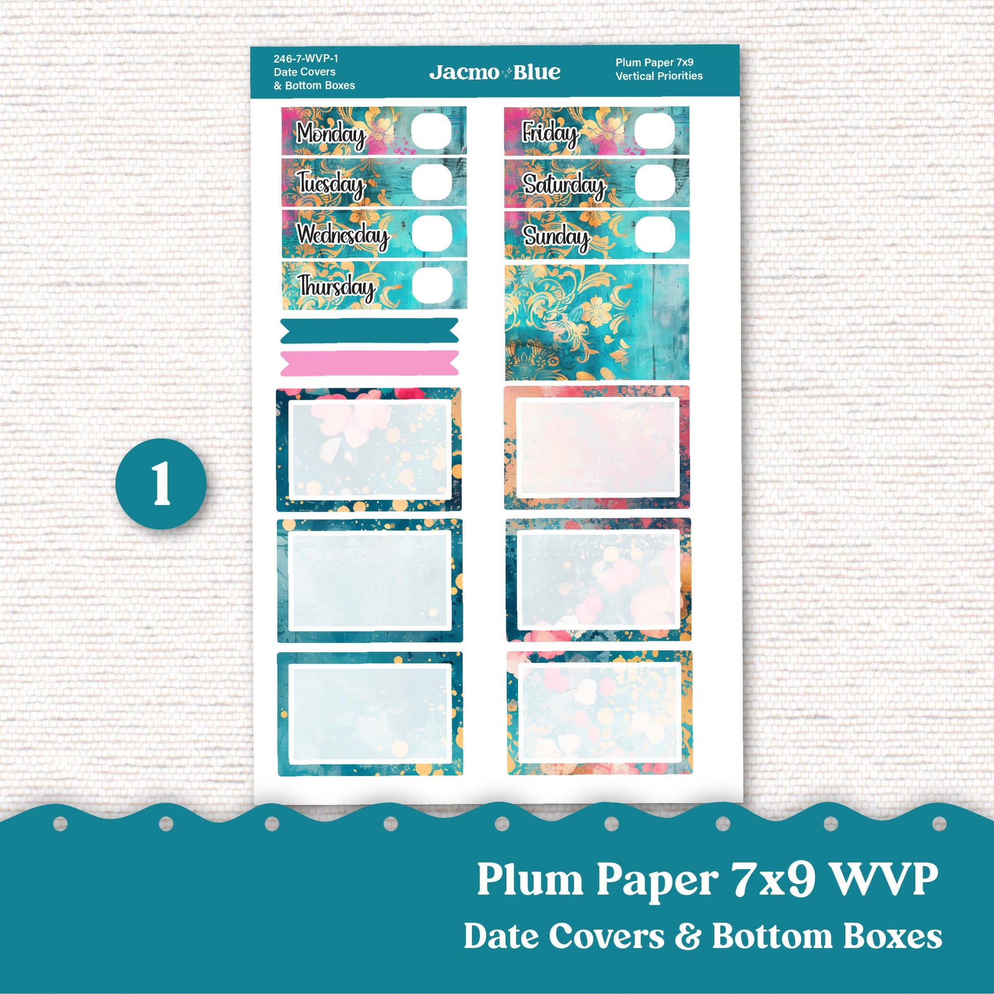 Weekly Vertical Priorities Plum Paper Stickers Kit 246 - Pink Teal Gold