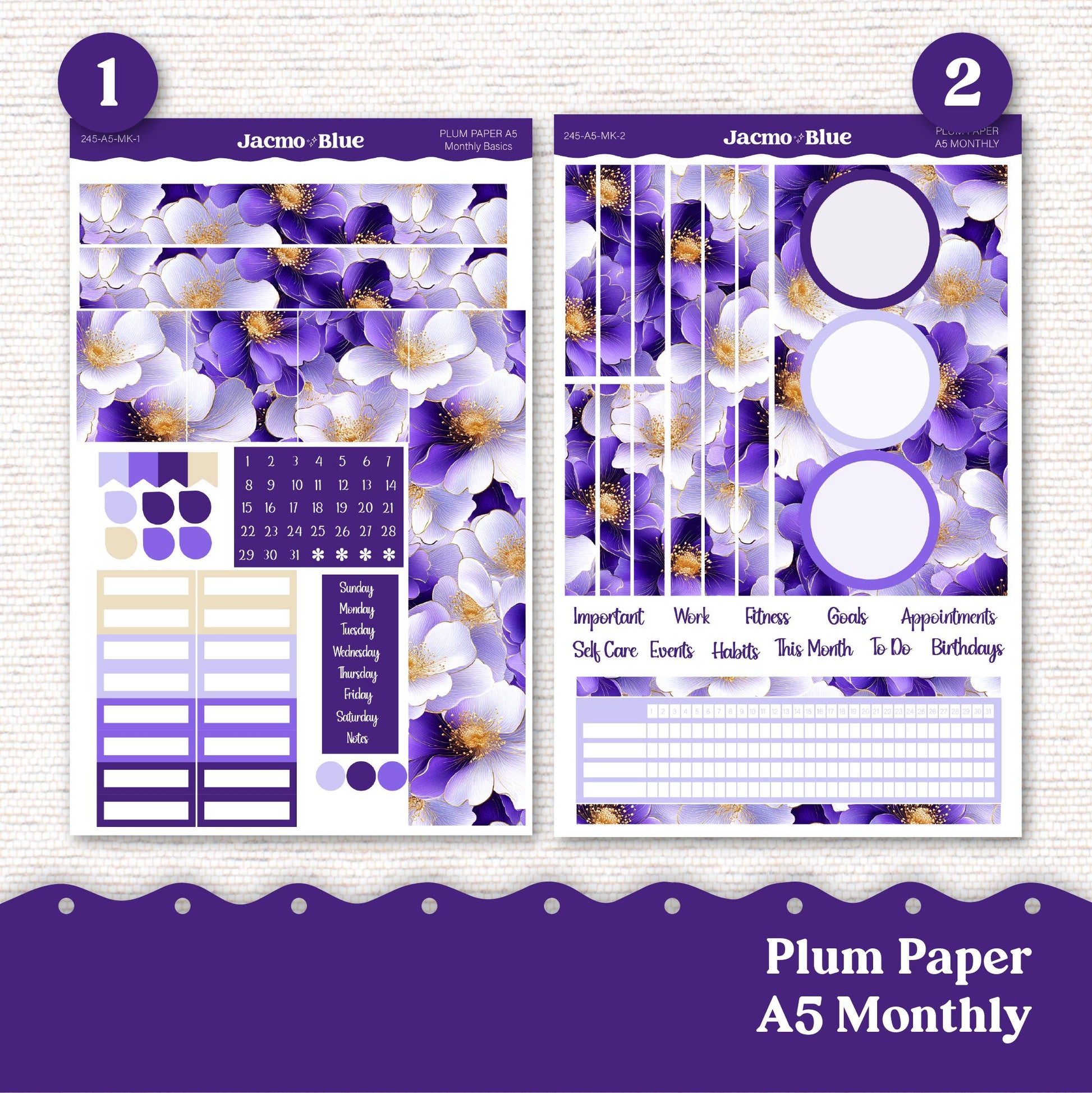 Plum Paper Monthly Sticker Kit for 8x11 7x9 A5 Planners - Kit 245 Purple Gold Floral 2025