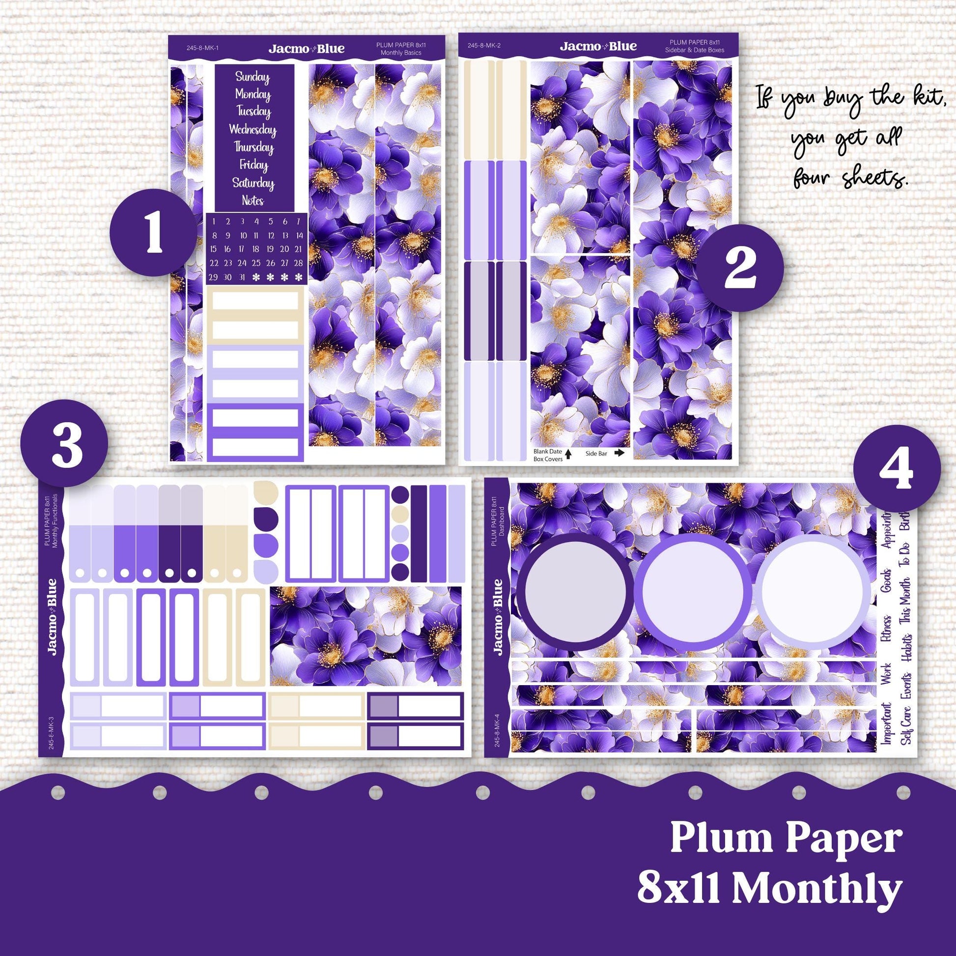 Plum Paper Monthly Sticker Kit for 8x11 7x9 A5 Planners - Kit 245 Purple Gold Floral 2025