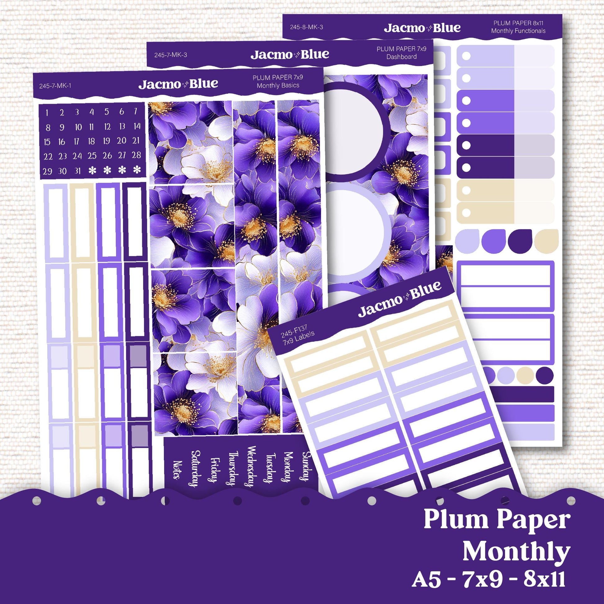 Plum Paper Monthly Sticker Kit for 8x11 7x9 A5 Planners - Kit 245 Purple Gold Floral 2025