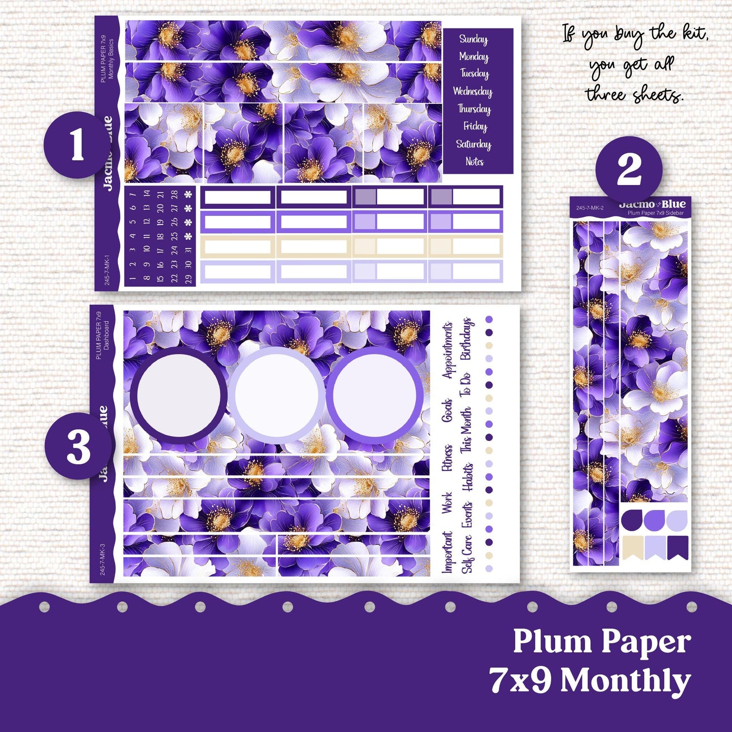 Plum Paper Monthly Sticker Kit for 8x11 7x9 A5 Planners - Kit 245 Purple Gold Floral 2025