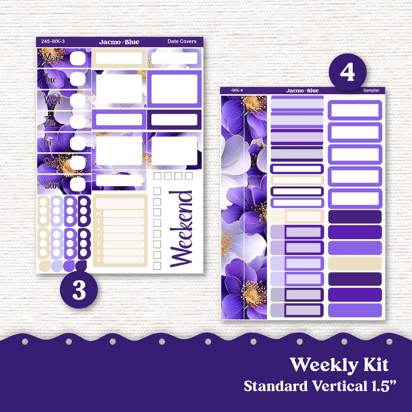 Weekly Planner Sticker Kit Vertical Planner Stickers Kit 245 Purple Watercolor - Standard Vertical 1.5" Columns A5 B6