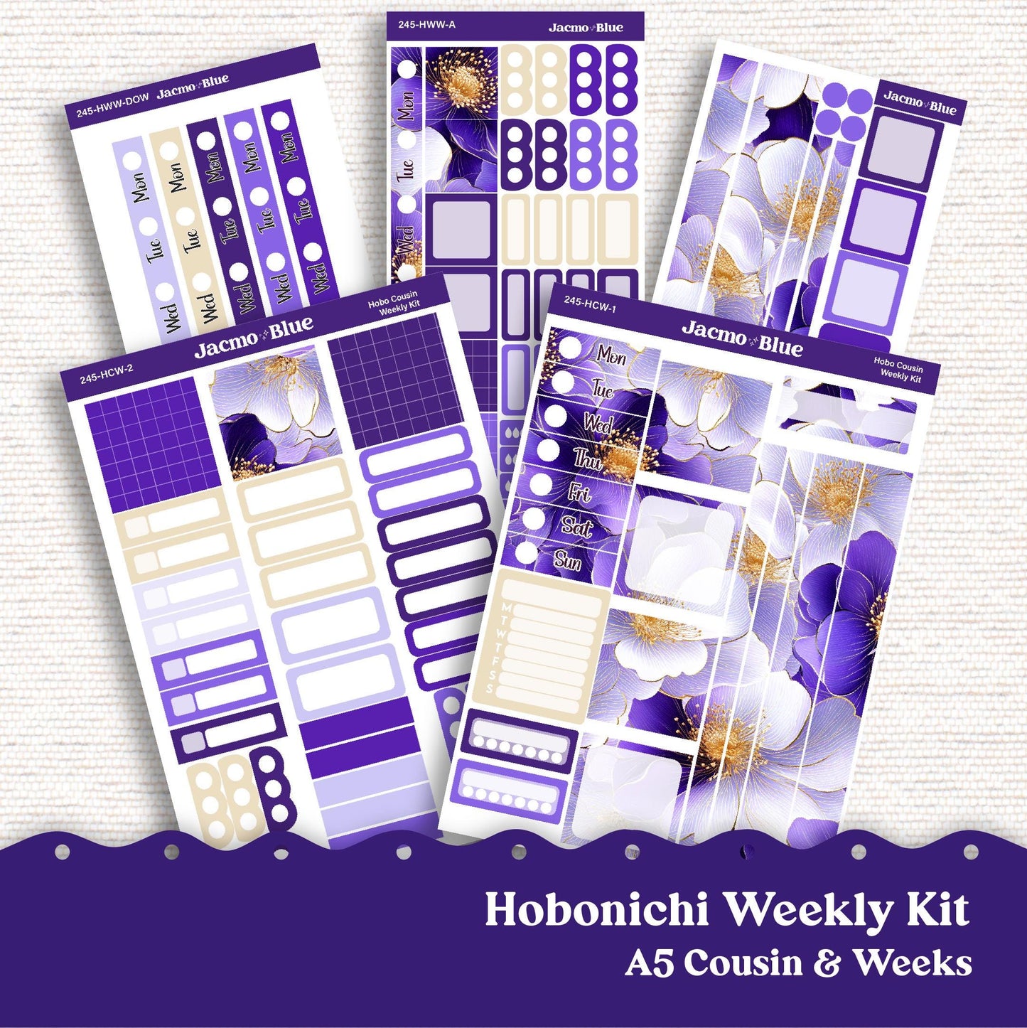 Hobonichi Cousin & Weeks Weekly Planner Sticker Kit 2025 - Hobo Stickers - 245 Purple Watercolor