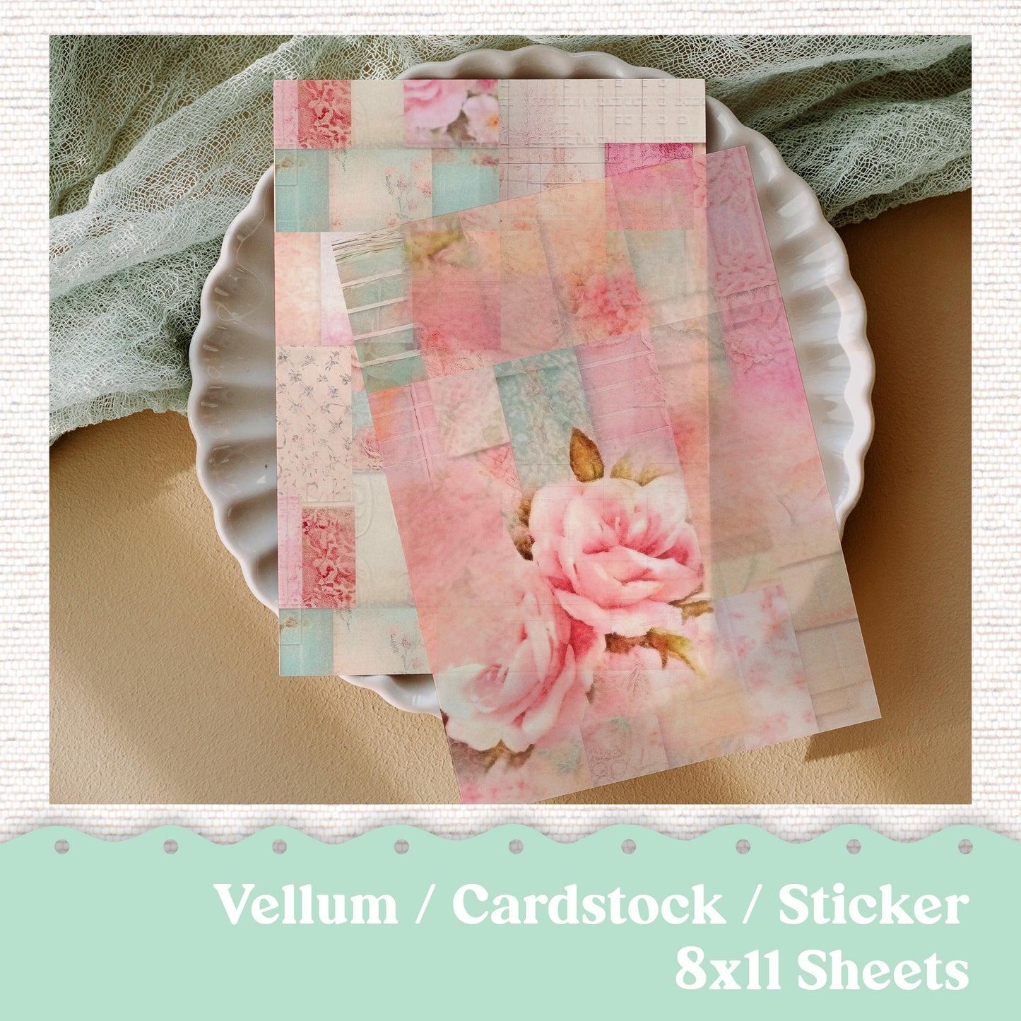 Vellum or Cardstock Dashboard Tip-in for Planners or Junk Journaling - Kit 131V - Quilted Rose