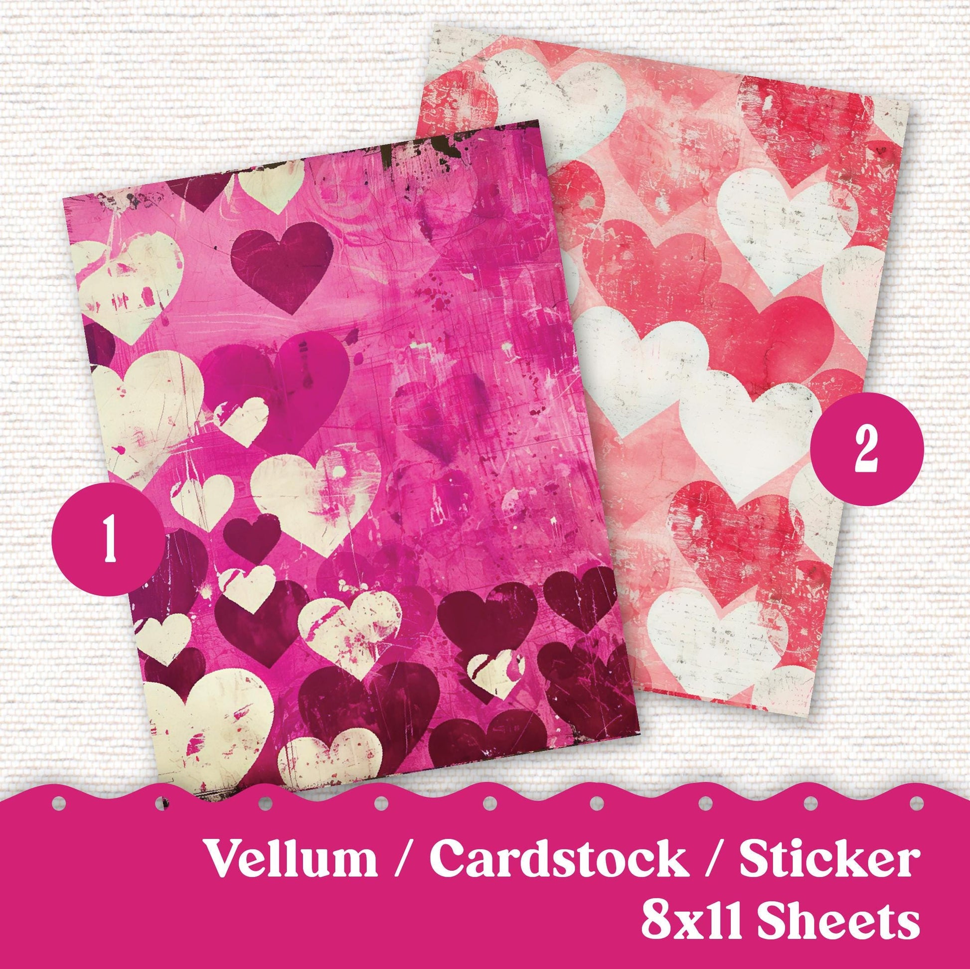 Vellum or Cardstock Dashboard Tip-in for Planners or Junk Journaling - Kit 132V- Rustic Hearts, Shabby Chic, Valentine's Day February Pink