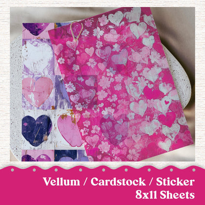 Vellum or Cardstock Dashboard Tip-in for Planners or Junk Journaling - Kit 132V- Rustic Hearts, Shabby Chic, Valentine's Day February Pink