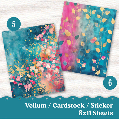 Vellum or Cardstock Dashboard Tip-in for Planners or Junk Journaling - Kit 133V- Teal Pink Gold Distressed Grunge