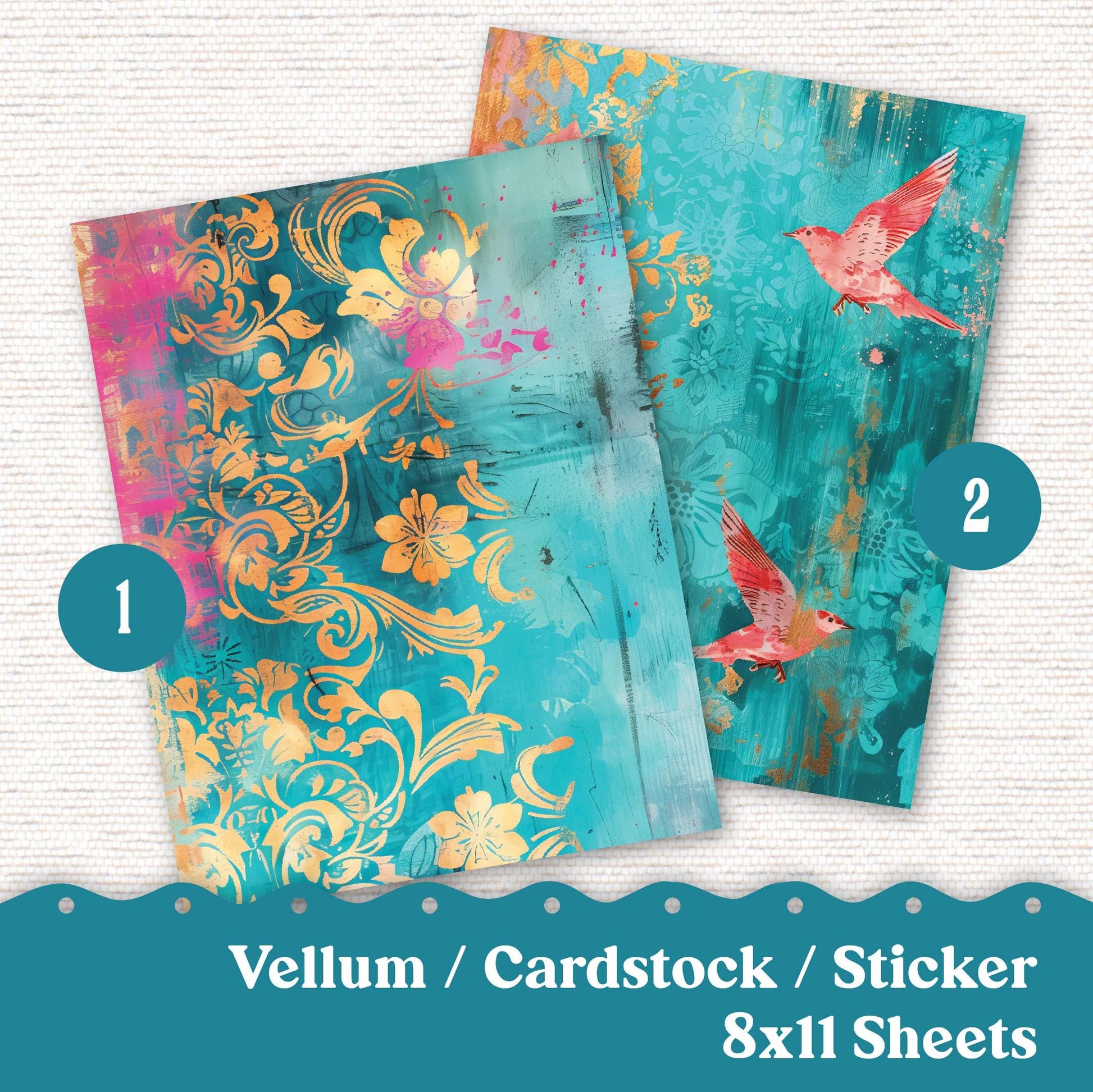 Vellum or Cardstock Dashboard Tip-in for Planners or Junk Journaling - Kit 133V- Teal Pink Gold Distressed Grunge