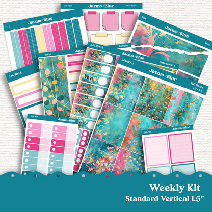 Teal Pink Gold Weekly Planner Sticker Kit Vertical Planner Stickers Kit 246 - Standard Vertical 1.5" Columns A5 B6