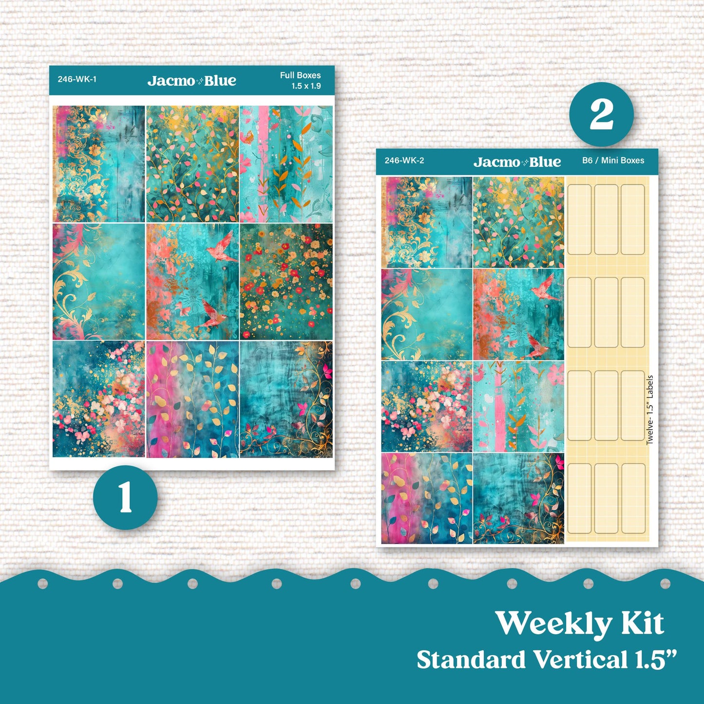 Teal Pink Gold Weekly Planner Sticker Kit Vertical Planner Stickers Kit 246 - Standard Vertical 1.5" Columns A5 B6