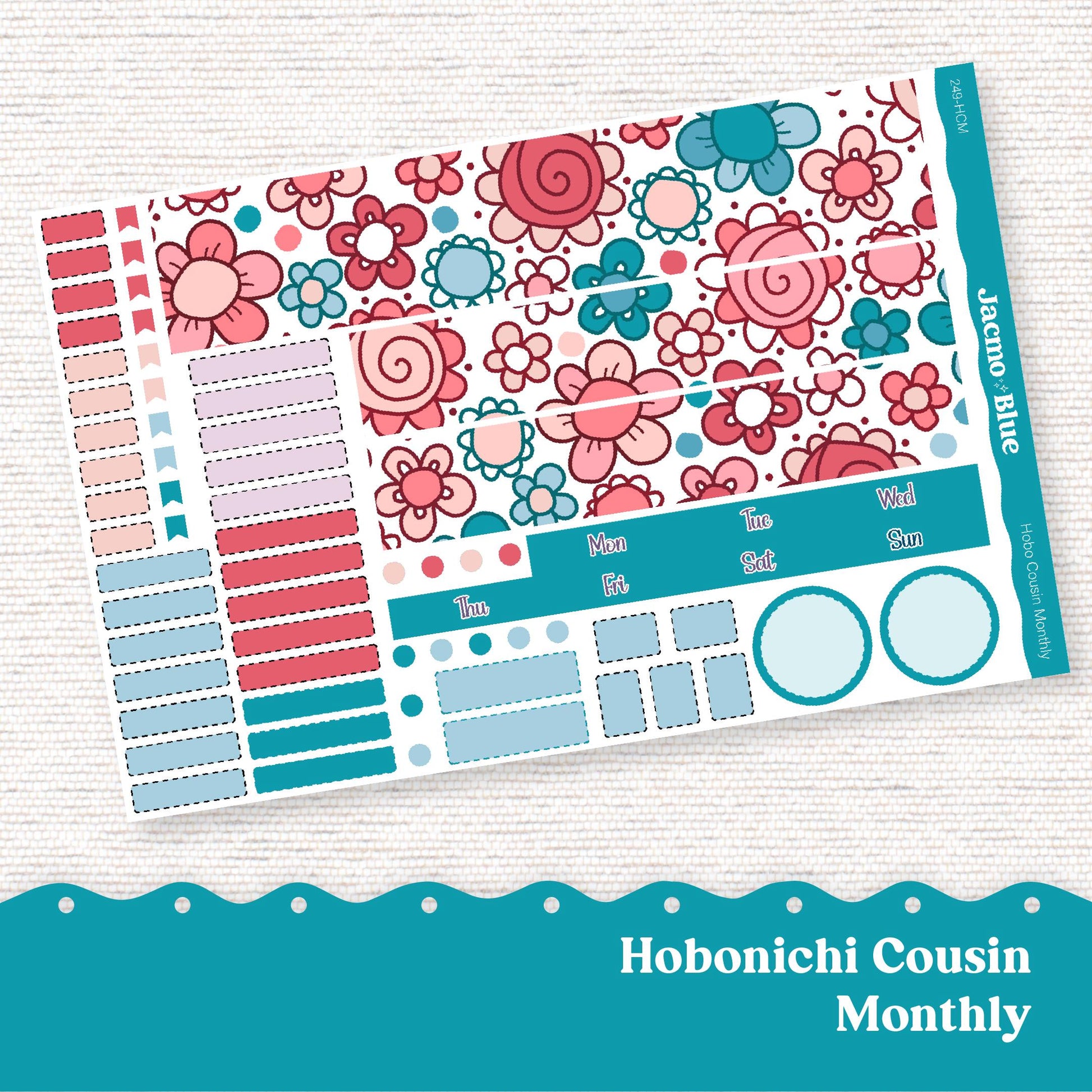 Hobonichi Cousin Monthly Planner Stickers Kit 249 Doodle Flowers July Red White Blue