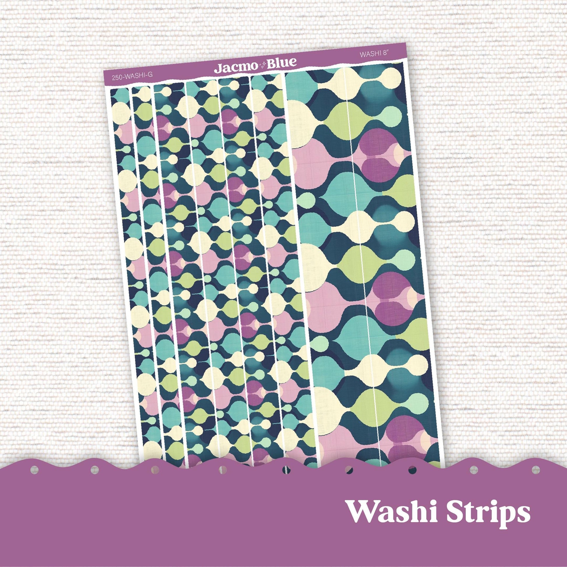 Washi Strips Stickers - 8 Inches Long - Kit 250 Retro Mid-Century Modern Purple Blue Green