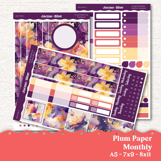 Plum Paper Monthly Sticker Kit for 8x11 7x9 A5 Planners Stickers - Kit 253 Purple Gold Coral Summer