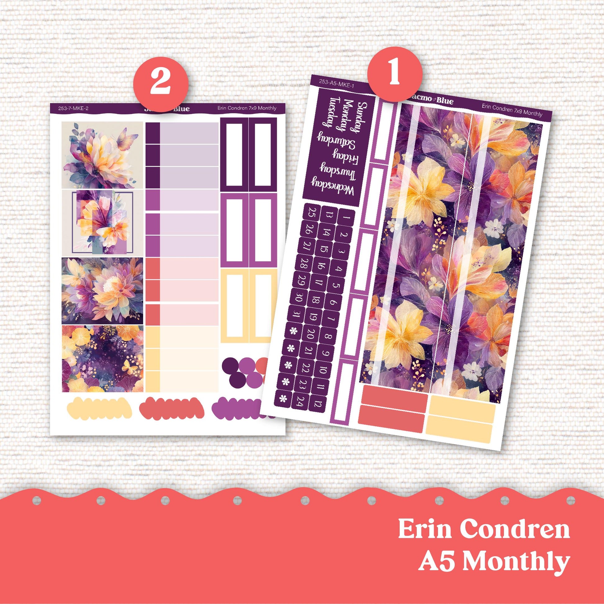Planner Stickers 7x9 A5 Kit Monthly Planner Erin Condren Sticker Kit 253 Glassy Floral Purple Gold Coral Summer