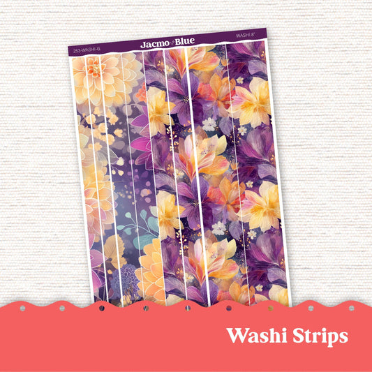 Washi Strips Stickers - 8 Inches Long - Kit 253 Purple Gold Coral Glassy Flowers