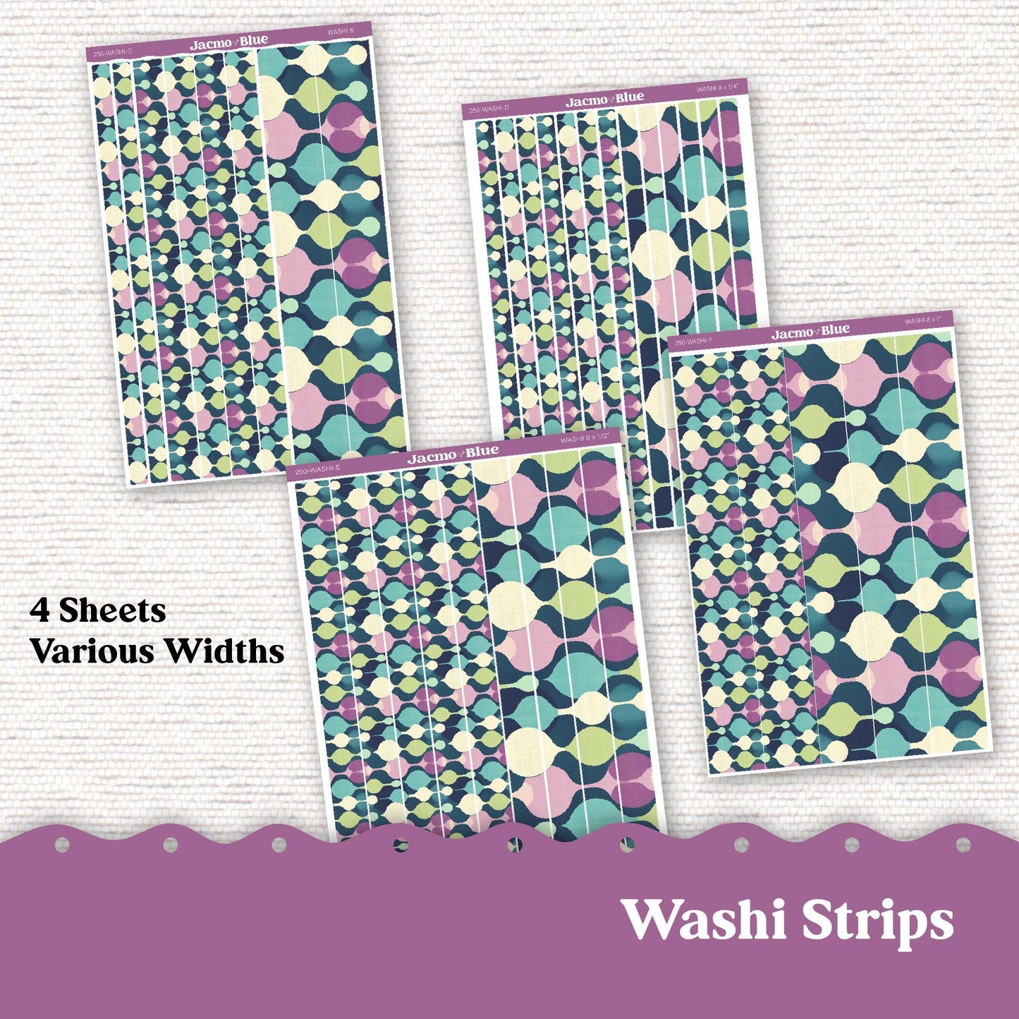 Washi Strips Stickers - 8 Inches Long - Kit 250 Retro Mid-Century Modern Purple Blue Green