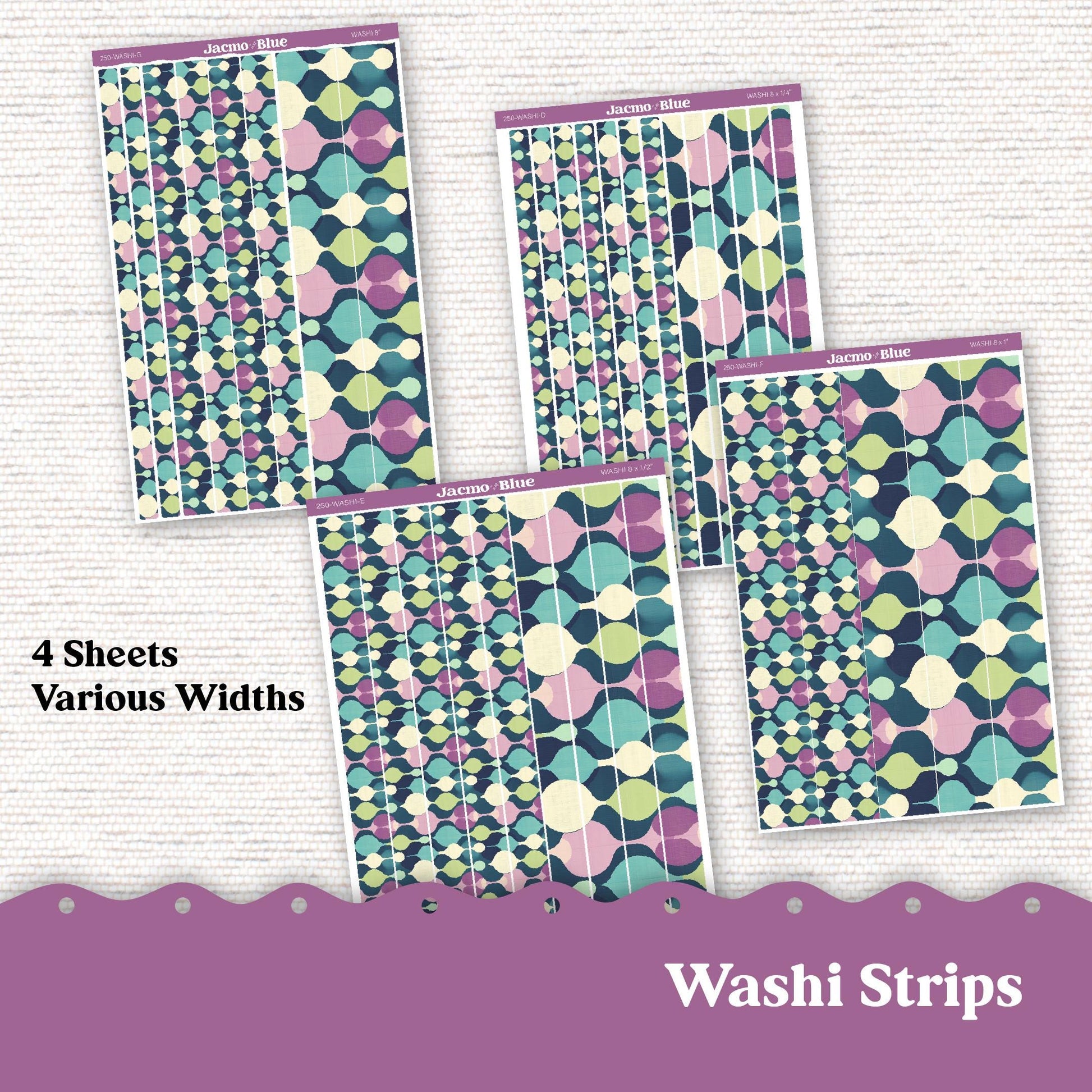 Washi Strips Stickers - 8 Inches Long - Kit 250 Retro Mid-Century Modern Purple Blue Green