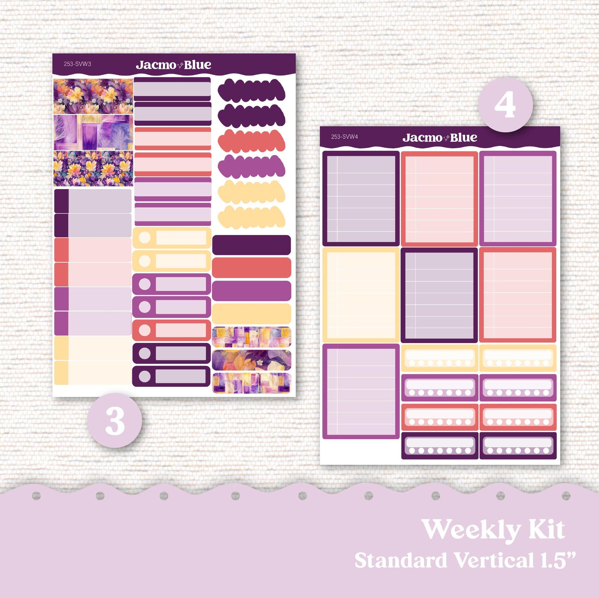 Weekly Planner Sticker Kit Vertical Planner Stickers Kit 253 Glassy Florals Purple, Gold, Coral Purple Standard Vertical 1.5" Columns A5