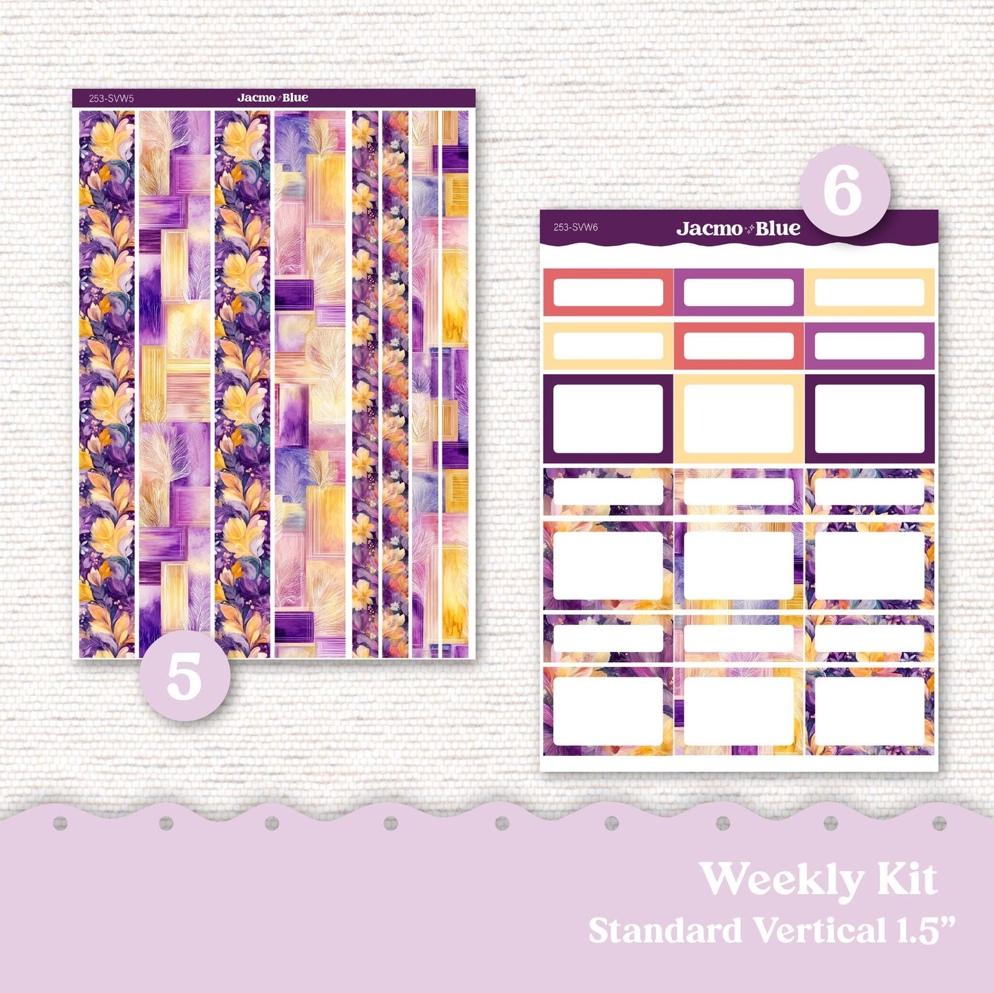 Weekly Planner Sticker Kit Vertical Planner Stickers Kit 253 Glassy Florals Purple, Gold, Coral Purple Standard Vertical 1.5" Columns A5