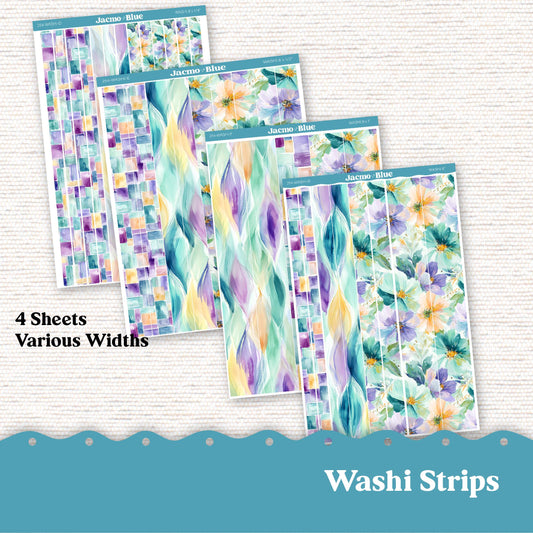 Washi Strips Stickers - 8 Inches Long - Kit 254 Green Yellow Purple - Various Widths