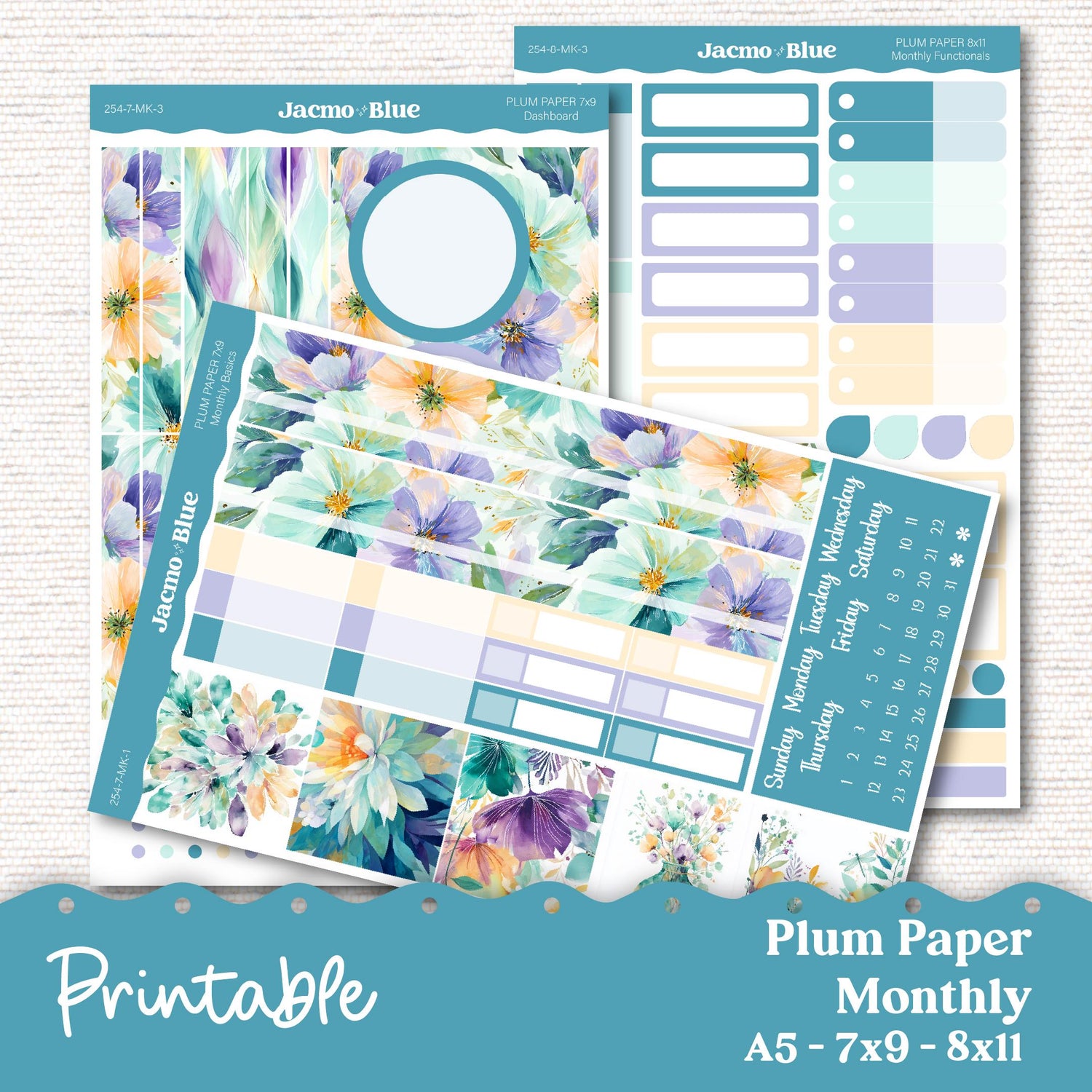 Plum Paper Planner PRINTABLE Monthly Stickers 8x11 7x9 A5 Print and Cut - 254P Green Yellow Purple Flowers plus Bonus Gift