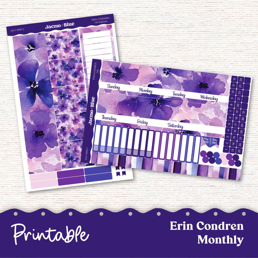PRINTABLE Monthly Planner Stickers for Erin Condren 7x9 and A5 - Print and Cut Silhouette and Cricut - 242P Purple Watercolor
