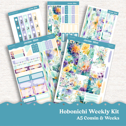 Hobonichi Cousin & Hobonichi Weeks Weekly Planner Sticker Kit 254 Cool Summer Florals - Sterling Ink Common Planner 1.3" columns