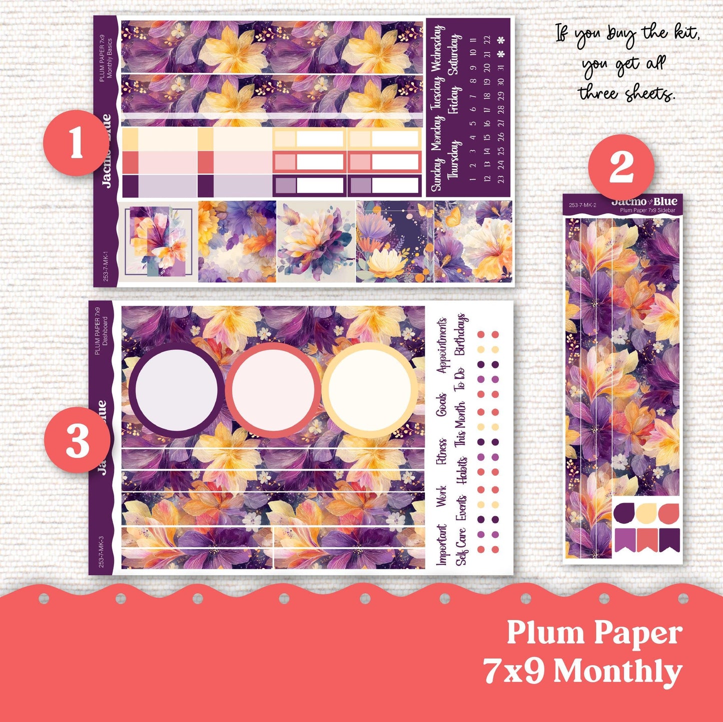 Plum Paper Monthly Sticker Kit for 8x11 7x9 A5 Planners Stickers - Kit 253 Purple Gold Coral Summer