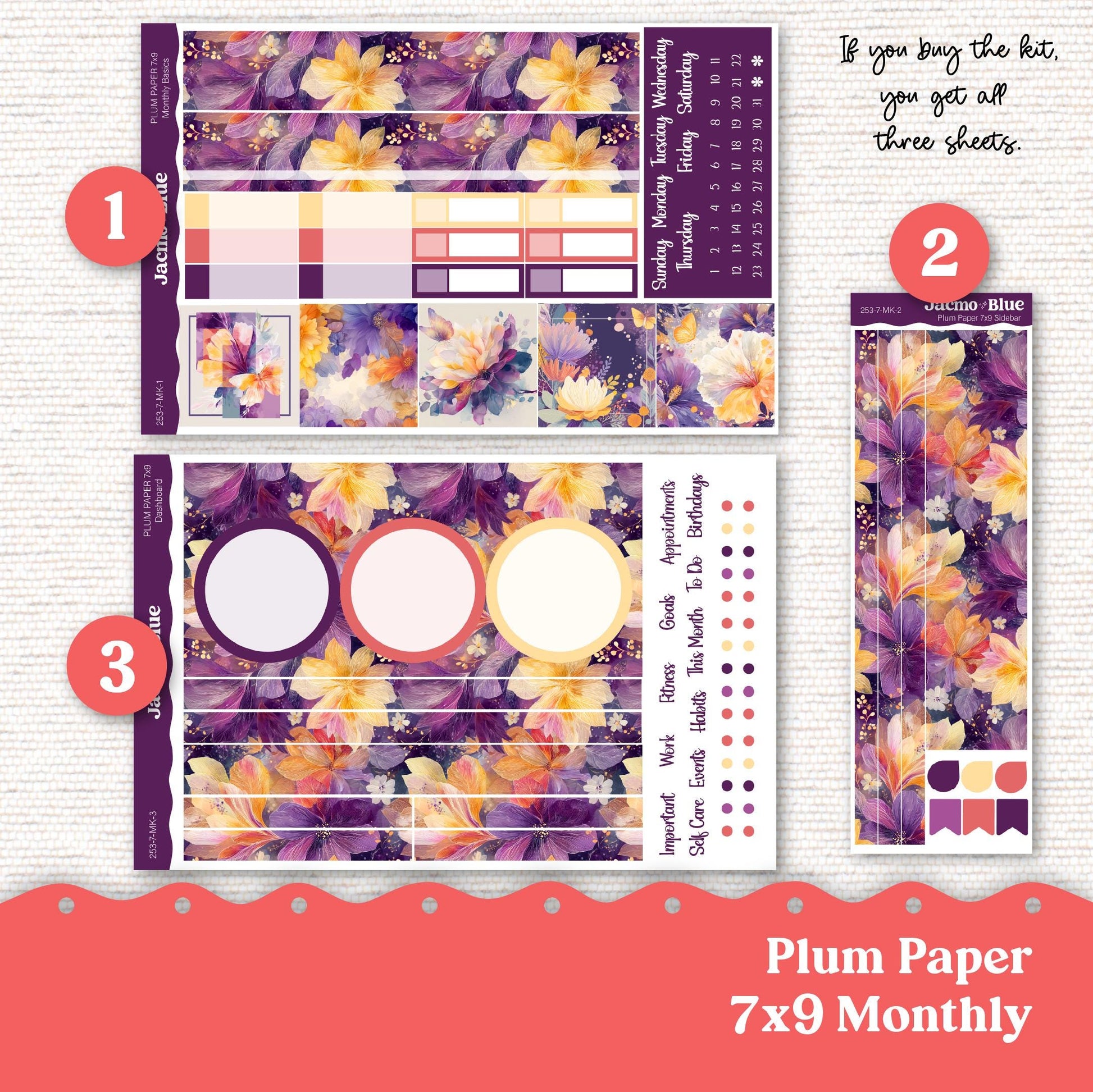 Plum Paper Monthly Sticker Kit for 8x11 7x9 A5 Planners Stickers - Kit 253 Purple Gold Coral Summer