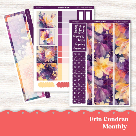 Planner Stickers 7x9 A5 Kit Monthly Planner Erin Condren Sticker Kit 253 Glassy Floral Purple Gold Coral Summer