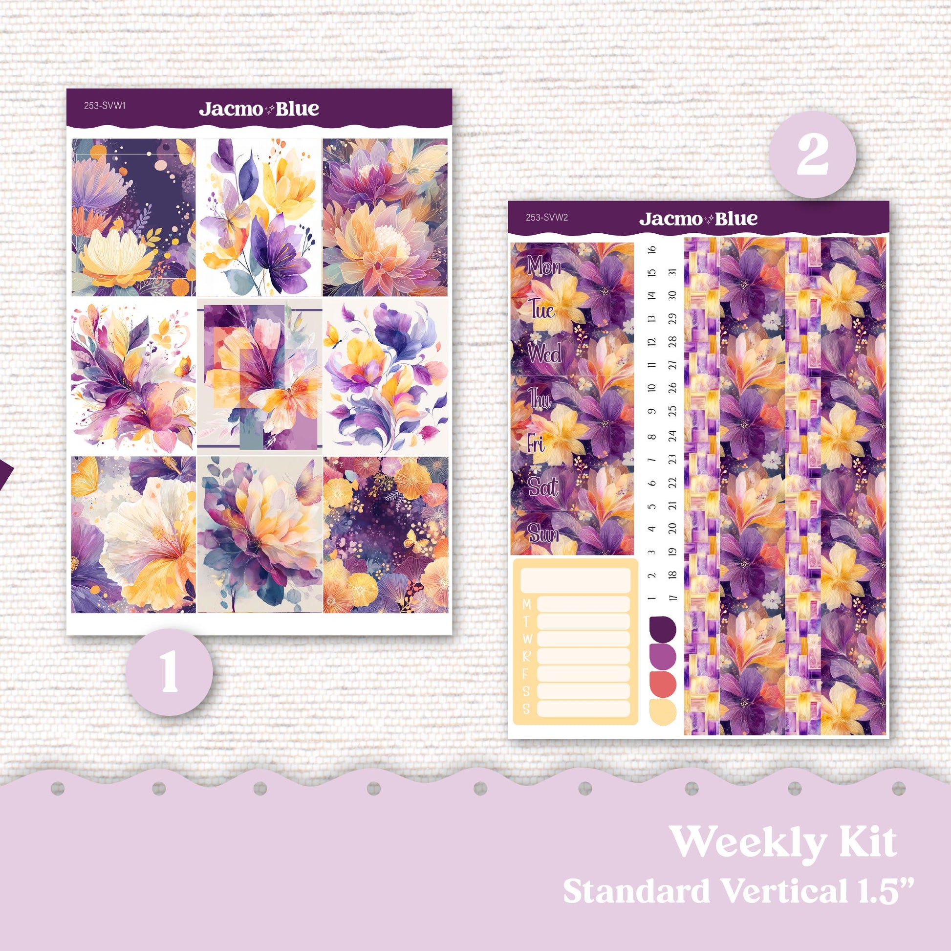 Weekly Planner Sticker Kit Vertical Planner Stickers Kit 253 Glassy Florals Purple, Gold, Coral Purple Standard Vertical 1.5" Columns A5
