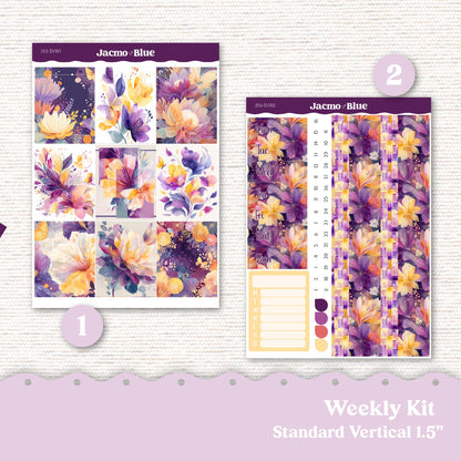 Weekly Planner Sticker Kit Vertical Planner Stickers Kit 253 Glassy Florals Purple, Gold, Coral Purple Standard Vertical 1.5" Columns A5
