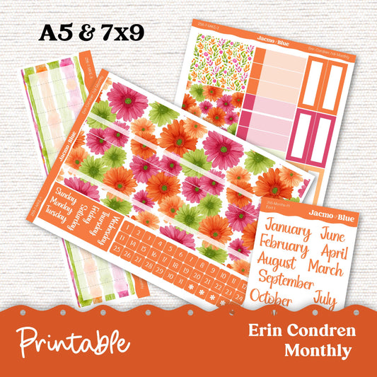 PRINTABLE Monthly Planner Stickers for Erin Condren 7x9 and A5 - Print and Cut Silhouette and Cricut - 256P Summer Gerber Daisies