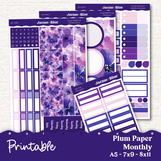 Plum Paper Planner PRINTABLE Monthly Stickers 8x11 7x9 A5 Print and Cut - 242P Purple Watercolor