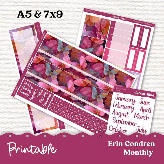 PRINTABLE Monthly Planner Stickers for Erin Condren 7x9 and A5 - Print and Cut Silhouette and Cricut - 257P Bright Butterflies