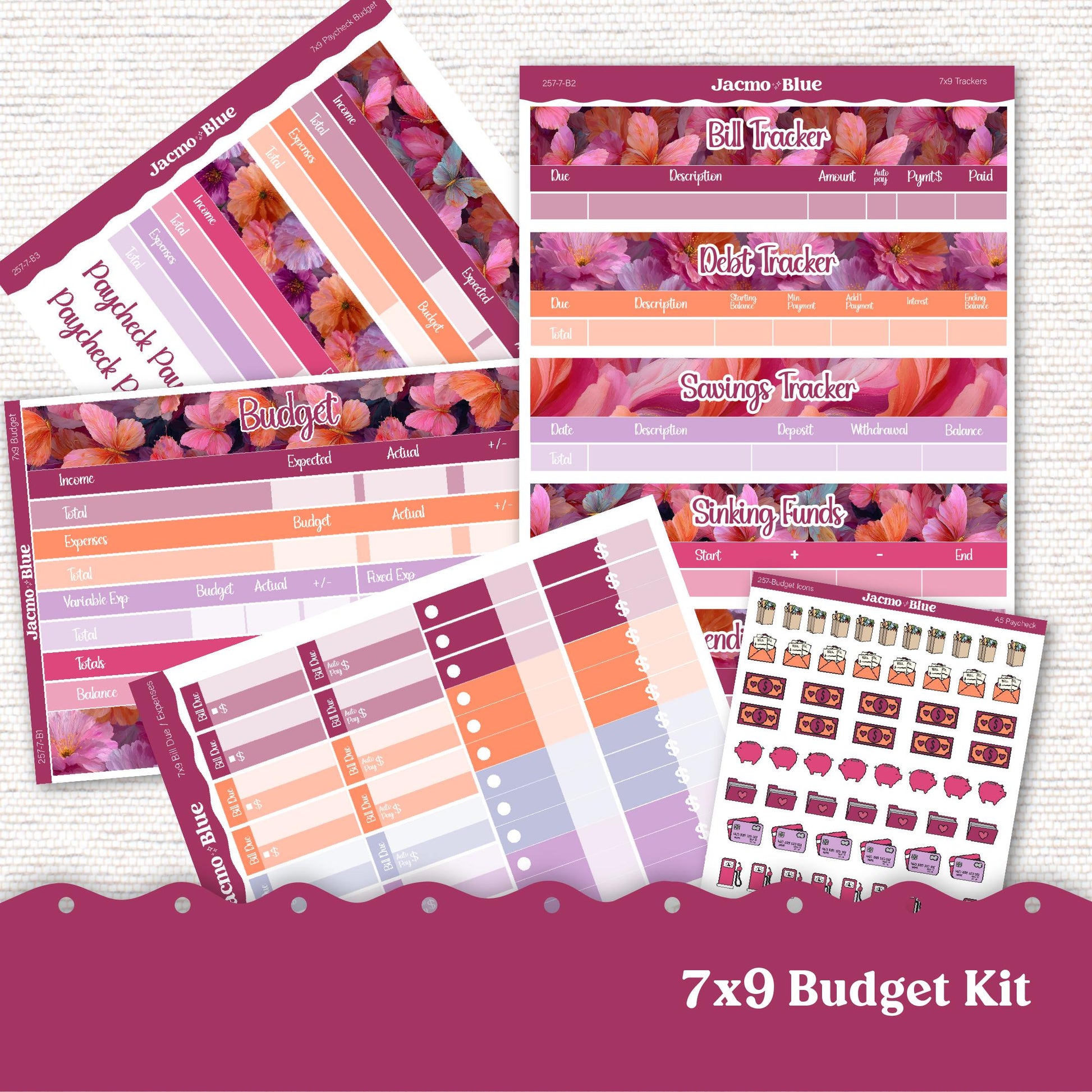 7x9 Budget Planner Sticker Kit Budget by Paycheck Trackers - Kit 257 Bright Butterflies