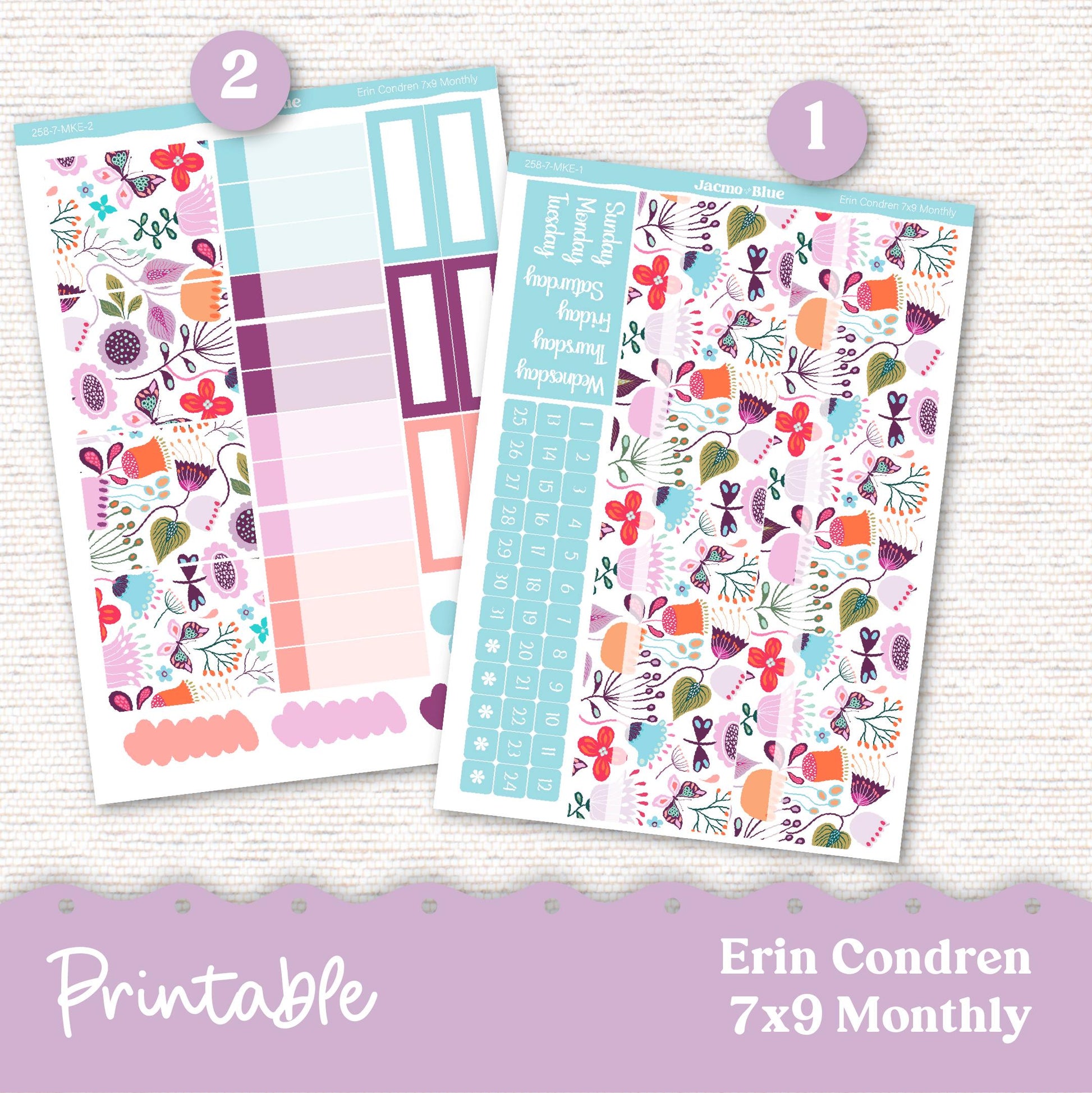 PRINTABLE Monthly Planner Stickers for Erin Condren 7x9 and A5 - Print and Cut Silhouette and Cricut - 258P Lavender Doodle