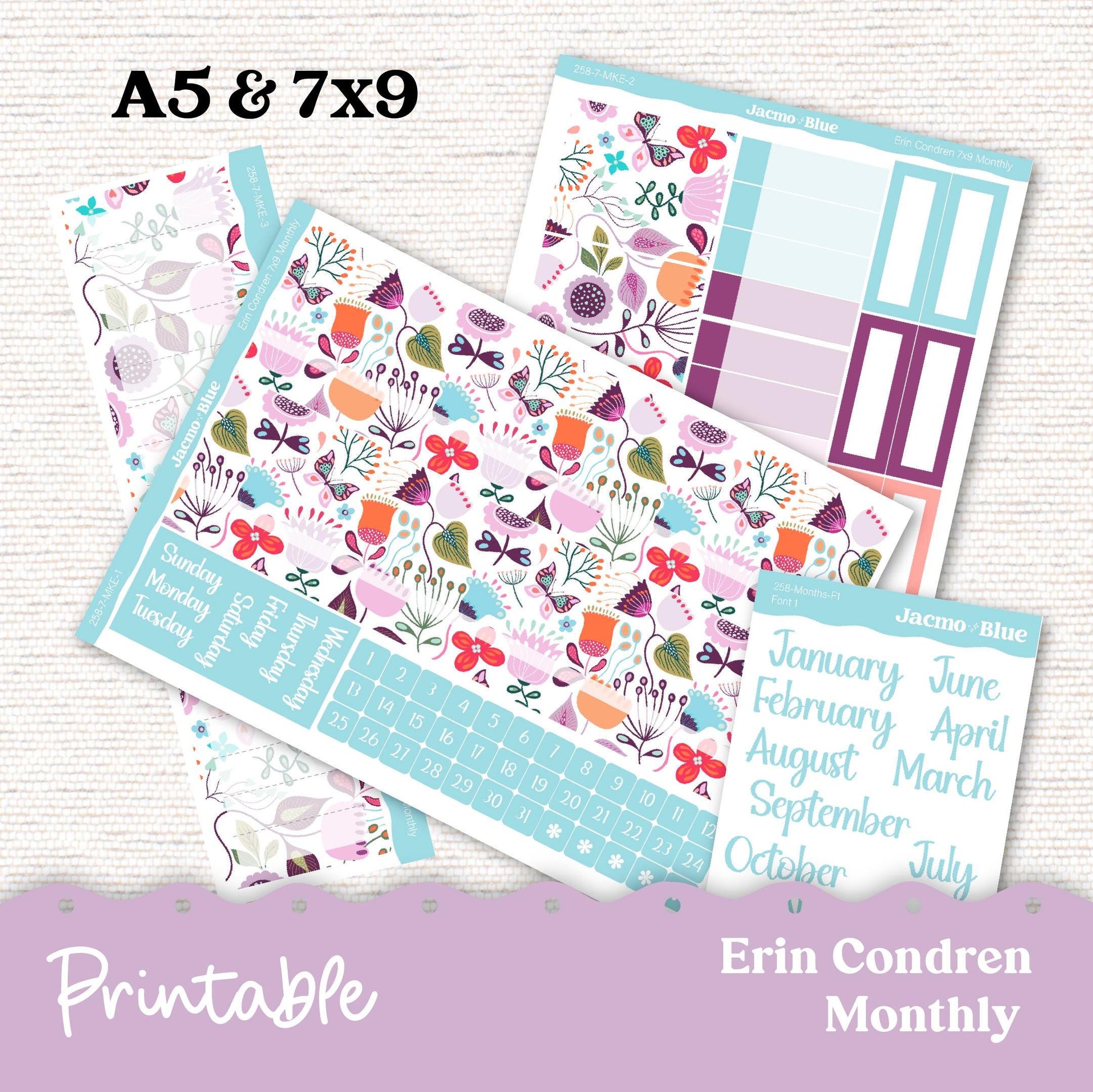 PRINTABLE Monthly Planner Stickers for Erin Condren 7x9 and A5 - Print and Cut Silhouette and Cricut - 258P Lavender Doodle