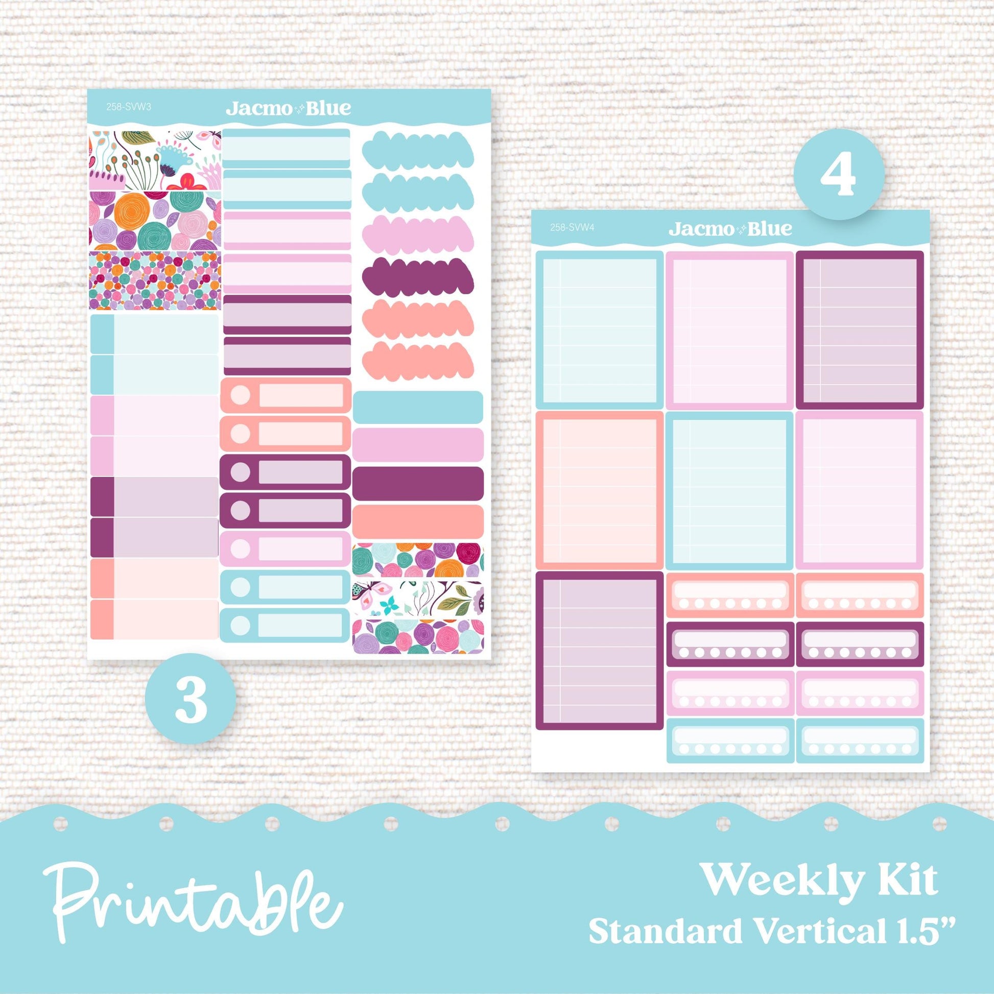 258P PRINTABLE Weekly Sticker Kit Vertical Planner Stickers Erin Condren - Silhouette Cricut Summer Weekly Stickers 1.5" columns Lavender