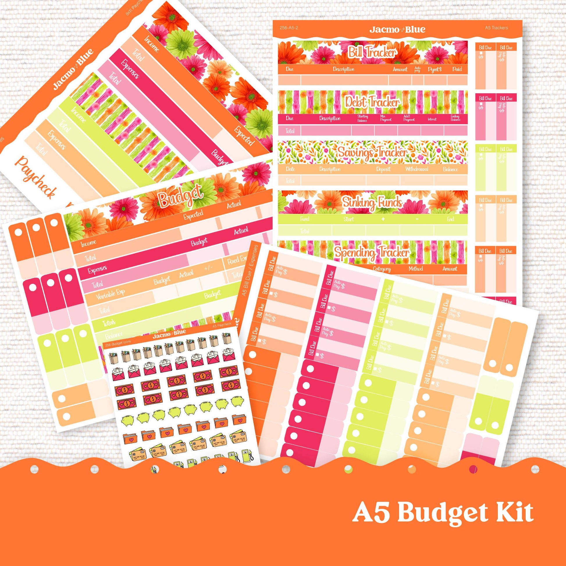 A5 Budget Planner Sticker Kit Budget by Paycheck Trackers - Kit 256 Bright Gerber Daisies