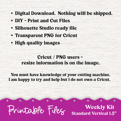 PRINTABLE 7x9 Weekly Vertical Priorities Sticker Kit Plum Paper Silhouette Cricut Transparent PNG Files 240P Outrageous Bright Pink Purple