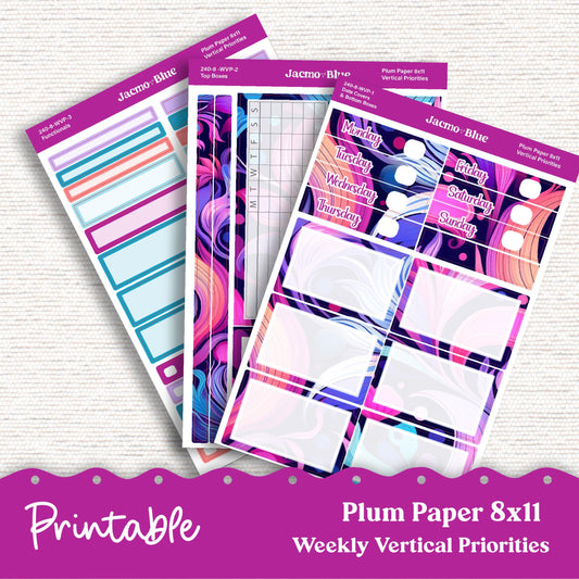 PRINTABLE 8x11 Weekly Vertical Priorities Sticker Kit Plum Paper Silhouette Cricut Transparent PNG Files 240P Outrageous Bright Pink Purple