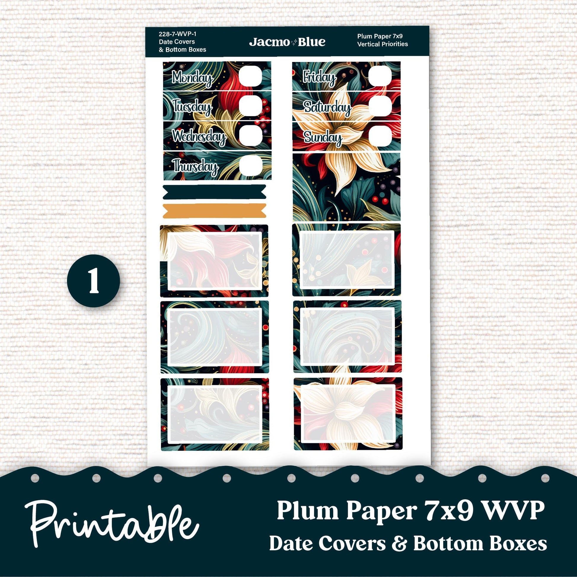 PRINTABLE 7x9 Weekly Vertical Priorities Sticker Kit Plum Paper Silhouette Cricut Transparent PNG Files 228P December Swirls
