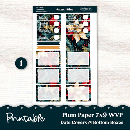 PRINTABLE 7x9 Weekly Vertical Priorities Sticker Kit Plum Paper Silhouette Cricut Transparent PNG Files 228P December Swirls