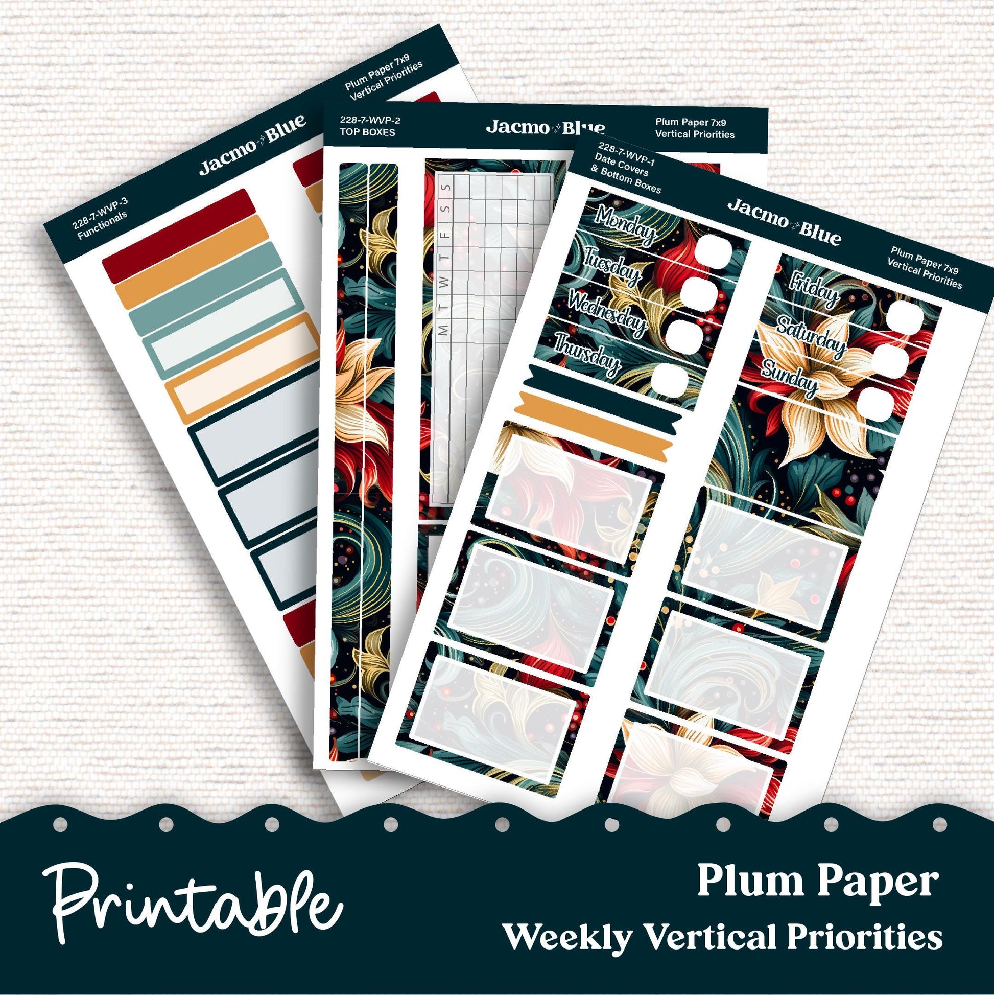 PRINTABLE 7x9 Weekly Vertical Priorities Sticker Kit Plum Paper Silhouette Cricut Transparent PNG Files 228P December Swirls