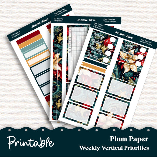 PRINTABLE 7x9 Weekly Vertical Priorities Sticker Kit Plum Paper Silhouette Cricut Transparent PNG Files 228P December Swirls